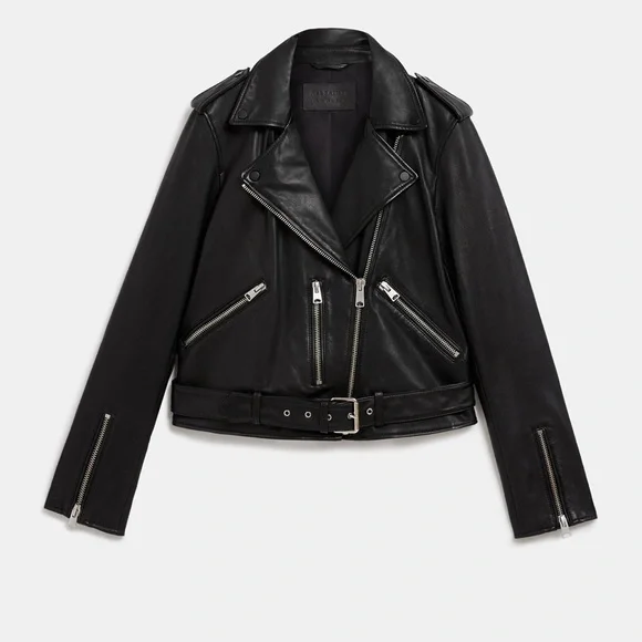 All Saints Black Balfern Belted Hem Leather Biker Jacket Size 2 - Picture 9 of 13